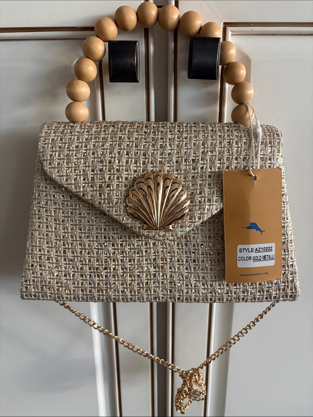 NWT Tommy Bahama Silver & Gold Metallic Shell-Accent Woven Top-Handle Bag